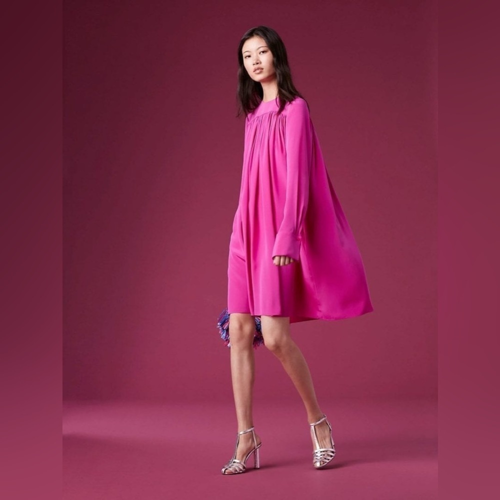Diane von furstenberg DVF / hot Pink ribbon Silk swing Pleated Shift Dress S